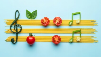 Musical Spaghetti Arrangement with Tomatoes and Basil in Bright Studio Lighting on Flat Lay Format for Culinary Blog