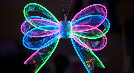 Stunning neon gift bow for festive celebrations with vibrant pink, blue, and green glowing lights against a dark background for holiday promotions