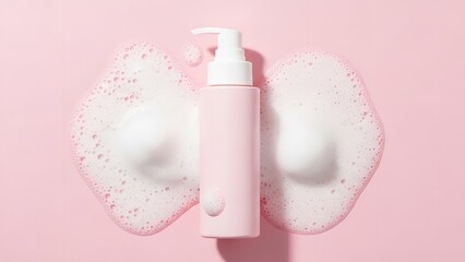 Pink soap dispenser with white foam on pastel background in soft studio lighting for beauty product advertising