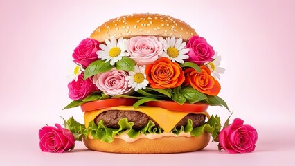 Floral Burger with Roses and Daisies in Soft Pink Lighting on Pastel Background for Food Advertising