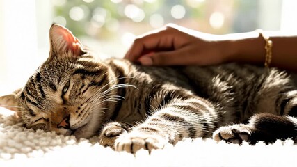 Person Petting a Striped Cat Sleeping Peacefully on a Fluffy Blanket