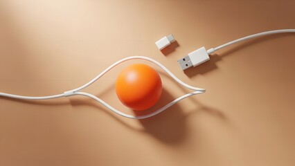 USB cable plugged into orange egg in minimalist style with soft beige background for technology