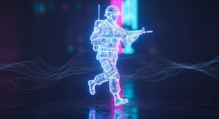Cyberpunk soldier patrols neon lit terrain, futuristic military concept, advanced technology warfare, digital soldier simulation, high tech armed forces