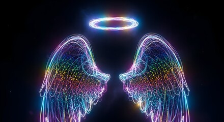 Vibrant angel wings and halo shimmering with rainbow lights against a dark sky, perfect for inspiring hope and faith in a modern design