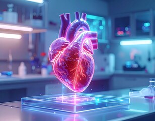 Glowing human heart hologram floats above a table in a futuristic lab
