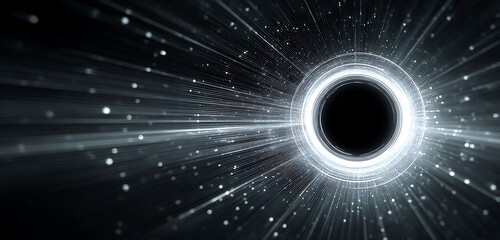 Futuristic tunnel made of digital light rings and flowing data streams