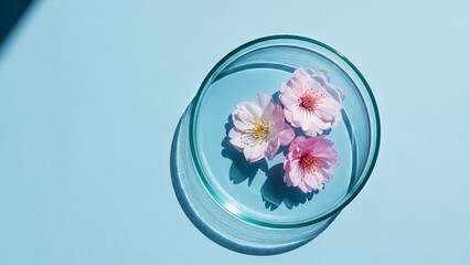 Pink flowers in glass bowl with soft pastel colors in natural lighting for beauty and wellness