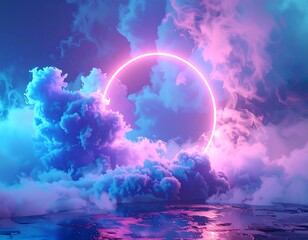 Glowing neon circle in cloudy atmosphere reflecting on a wet surface