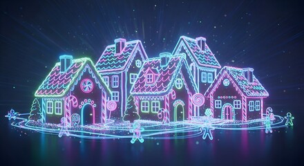 Festive neon gingerbread village with candy canes and gingerbread men evokes holiday cheer and sweet memories, perfect for Christmas promotions