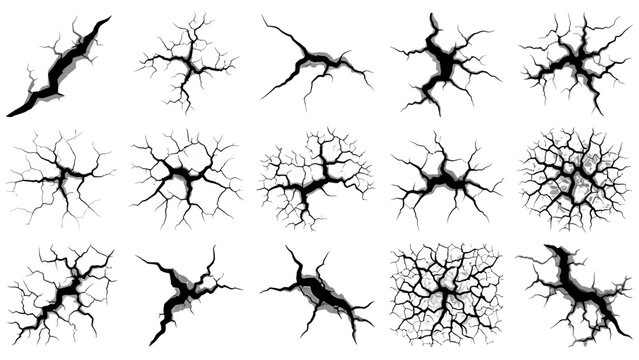 Black crack set, vector broken floor texture, rock crackle kit, earthquake ground crash on white. Damaged dry soil, surface broken cleft, cement split background. Black land crack disaster clipart