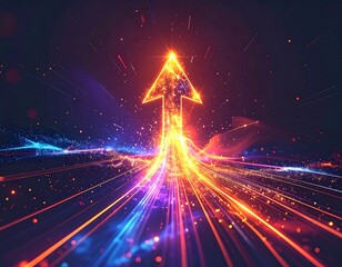 Glowing upward arrow with radiant streaks against dark background