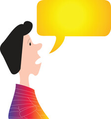 Woman speaking with blank yellow speech bubble isolated on