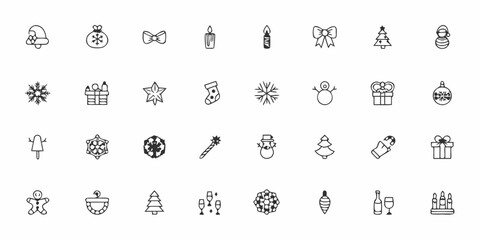 Collection of festive winter holiday icons and decorative elements in black and white