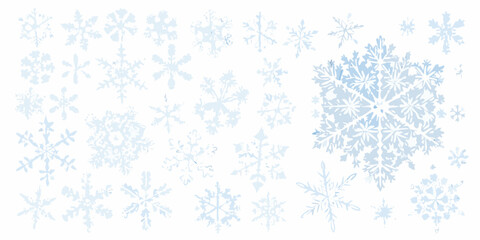 A collection of delicate light blue snowflakes scattered on a white background