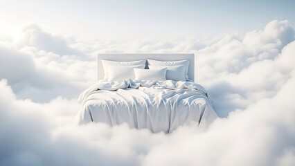 Cloudy Bed with White Linens in Soft Serene Lighting on Fluffy Clouds for Dreamy Interior Design