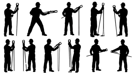 Industrial Worker Silhouettes Collection Performing Labor and Equipment Handling Tasks, CAD Style
