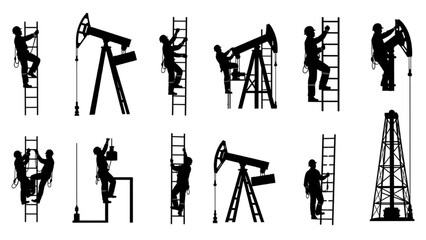 Vector silhouettes of oil industry workers climbing ladders and equipment like pumpjacks and drilling rigs