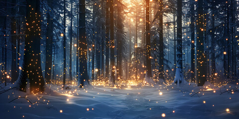 Serene winter forest with sunlight and golden fairy lights