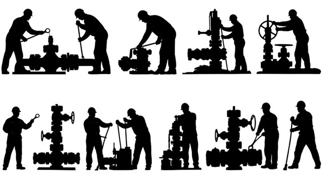 Silhouetted Industrial Workers Operating Oil and Gas Wellhead Equipment, CAD Style Collection