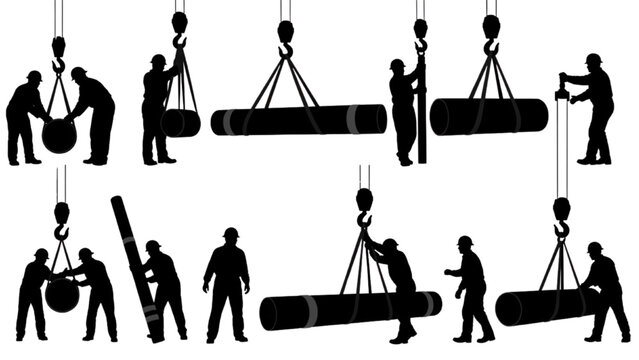 Oil Rig Pipe Lifting Silhouette Collection CAD Style Industrial Crane and Drilling Operations