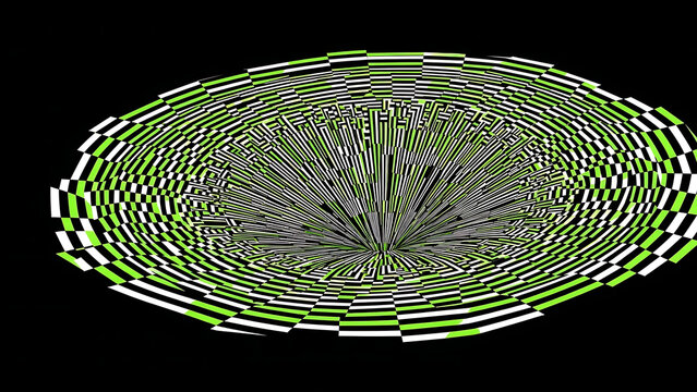 A Vector Poster of a Black Hole's Accretion Disk Reimagined as a Spinning, Op Art Mosaic of Hypnotic Patterns