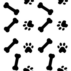 Seamless dog bone and paw print pattern on transparent background.
