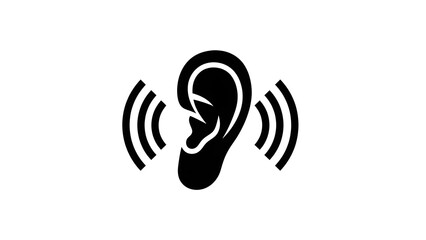 Minimalist vector icon of a human ear viewed from the side, black and white flat design. Solid black ear silhouette with symmetrical curved sound wave lines on both sides, representing hearing or audi