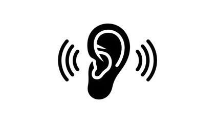 Minimalist vector icon of a human ear viewed from the side, black and white flat design. Solid black ear silhouette with symmetrical curved sound wave lines on both sides, representing hearing or audi