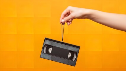 VHS Tape in Hand with Retro Style in Warm Orange Lighting on Solid Background for Nostalgic Advertising