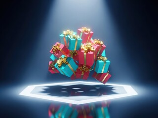 Gift boxes floating in spotlight on dark background