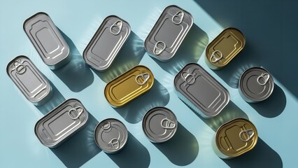 Canned Goods in Minimalist Arrangement with Hard Shadows on Pastel Blue Background for Food Packaging