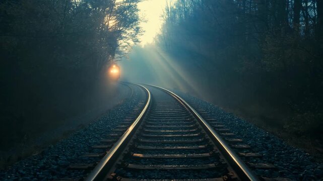 A serene railroad track curves through a misty forest with sun rays shining through the trees ahead