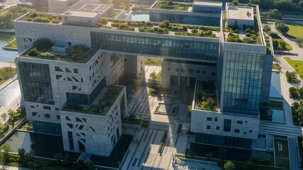 Aerial View of Modern Office Building Complex with Rooftop Gardens Footage