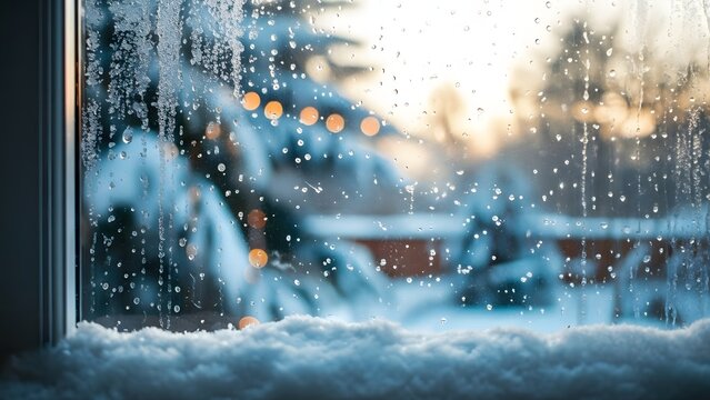 Snowy window view with raindrops and blurred background on a cold winter day outside - Powered by Adobe