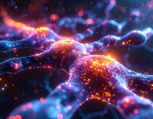 Glowing network of connected neurons with sparkling points