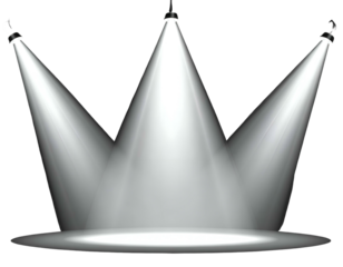 Stage lighting beams converge on a circular platform against dark background