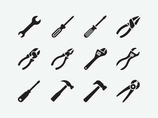 Set of black silhouette icons of hand tools, Collection of silhouetted hand tools including wrenches screwdrivers pliers hammers and saws vector illustration
