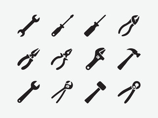 Set of black silhouette icons of hand tools, Collection of silhouetted hand tools including wrenches screwdrivers pliers hammers and saws vector illustration