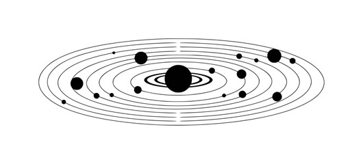 Stylized Solar System with Planets Orbiting a Central Star in Black and White