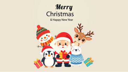 Fototapeta premium Cute Christmas characters group illustration featuring Santa Reindeer Snowman Penguin and Polar Bear holding gifts vector card template