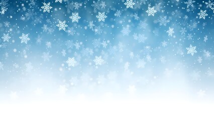 Snowflakes falling gently against a serene blue and white winter sky background