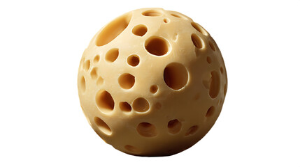 Round cheese ball with holes a unique food concept for culinary design and advertising isolated on a white background.