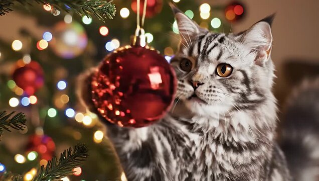 Cat playing with christmas decor, Happy Christmas with pets in christams themed clothes, pet-mas