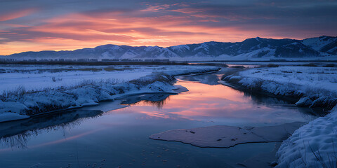 Peaceful winter evening with snow-covered hills and glowing river