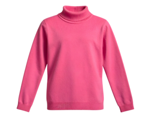 Bright pink knit turtleneck sweater, long sleeves, ribbed collar, cuffs and hem