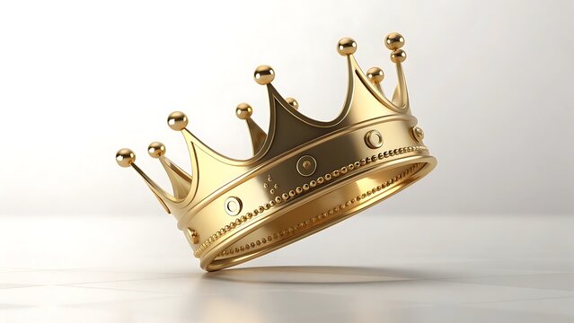 a gleaming golden crown rests slightly tilted on a smooth light gray surface casting a soft shadow showcasing regal splendor and power
