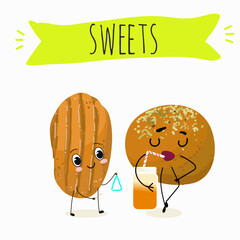 Funny Characters lokma, tulumba. Turkish,  Eastern sweets. Hand drawn vector illustration.