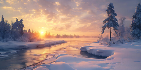 Serene winter scene with frost-covered trees and tranquil river