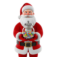 Santa Claus holding a jar full of colorful candies, celebrating the festive season