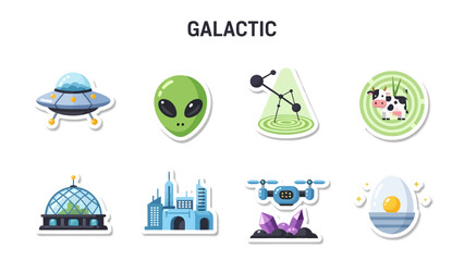 Eight galacticthemed cartoon stickers arranged in two rows under the title GALACTIC © Faisal